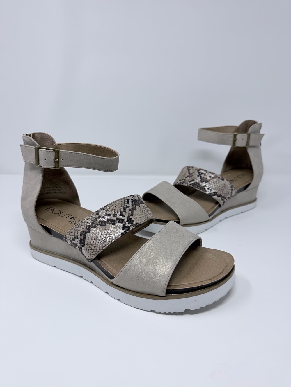 Boutique by Corkys Metallic Champagne Beige Snake Print Platform Sandals
